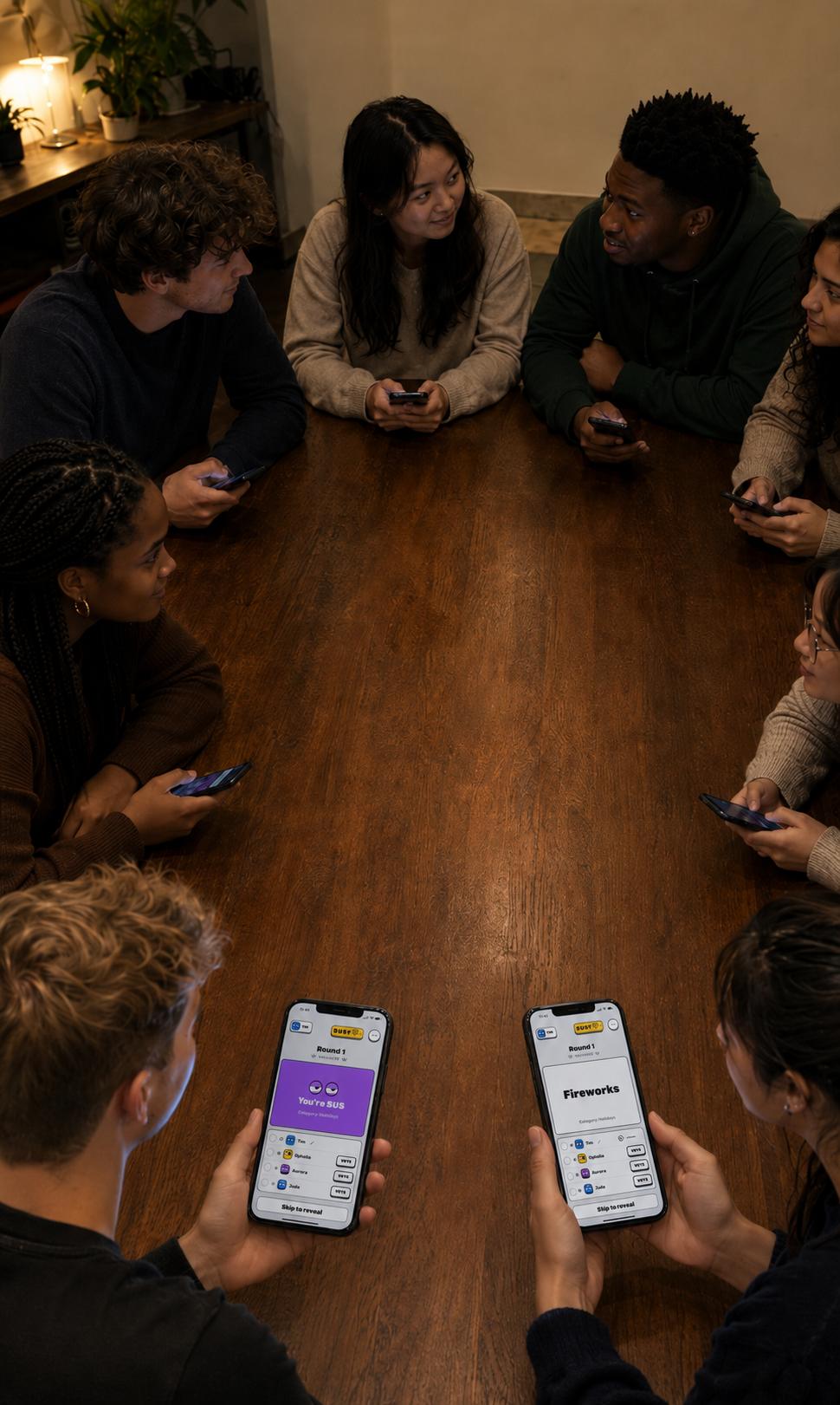Eight friends around a table playing SUS, each on their own phone